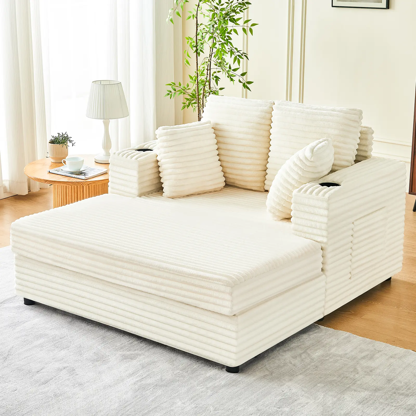 Oversized Chaise Lounge Chair Indoor, 49" Upholstered Sofa Bed with Frame, Plush Faux Fur Sleeper Couch with Throw Pillows, Armrests&Cup Holders, Deep Seat Reading Chair for Living Room, Bedroom,Beige