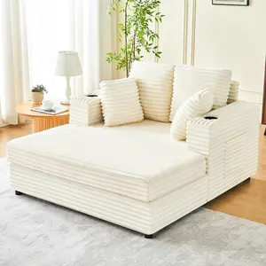 Oversized Chaise Lounge Chair Indoor, 49" Upholstered Sofa Bed with Frame, Plush Faux Fur Sleeper Couch with Throw Pillows, Armrests&Cup Holders, Deep Seat Reading Chair for Living Room, Bedroom,Beige