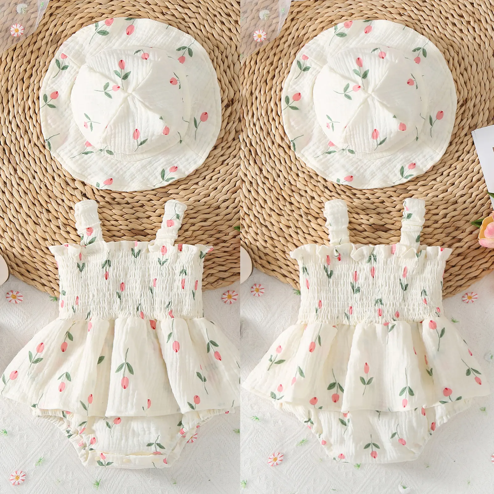 Baby Girl 2-Piece Baby Clothing Set, Sleeveless Floral Print Halter Smocked Romper Dress with Sun Hat & Straps, Fits 3-6 Months, 12-18 Months, 44 cm