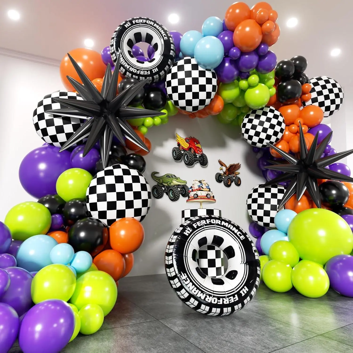 Monster Truck Balloon Arch Kit -172Pcs Different Size Green Purple Orange Black Balloons And Wheels Checkered Foil Balloon Garland Kit For Racing Car Theme Boys Birthday Party Decorations