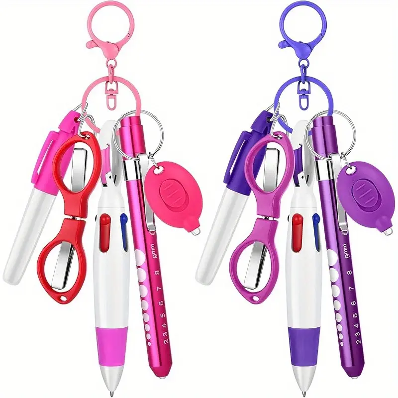 12Pcs Nurse Pen Set Cute Pen in Two Colours: Pink and Purple Includes Permanent Marker, Nurse Penlight, Retractable Ballpoint Pen, Nursing Keyring Clip, Folding Scissors, LED Torch and Nurse Keyring Ballpoint Pen Kit
