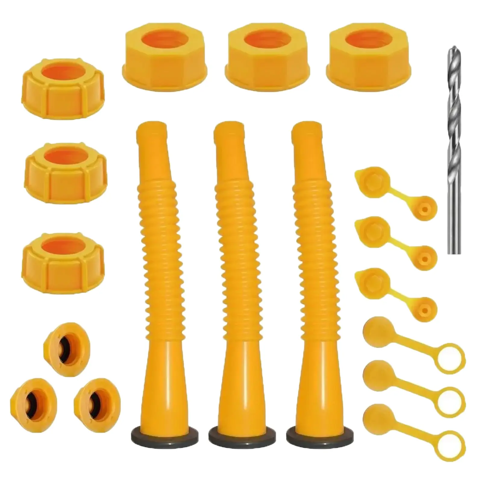 Gas Can Spout Replacement Kit - 3 HDPE Plastic Spouts Tube Set (8.1 in Length), Threaded Cap, 2 Vent Caps, Leak-Proof Nozzle with Pre-Installed Gaskets, Universal Fit for 1/2/5/10 Gal Cans, Ready-to-Use Automotive Repair Accessory