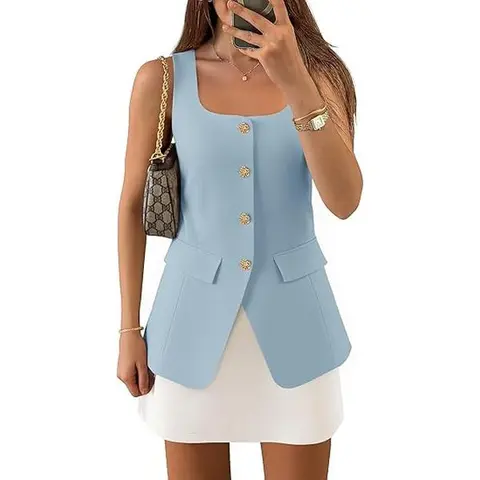 ZESICA Lady's 2025 Summer Lace-Up Shaping Sleeveless Square Neck Button-Down Layer-Ready Vest, Office Business Work Tops for Women, Vests for Women