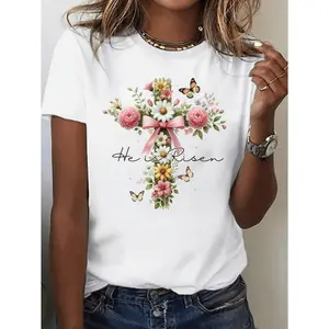 Women's Casual Short-Sleeve T-Shirt, Resurrection Watercolor Floral Easter Bunny & Egg Pattern, Comfortable Stylish Tops for Spring-Summer