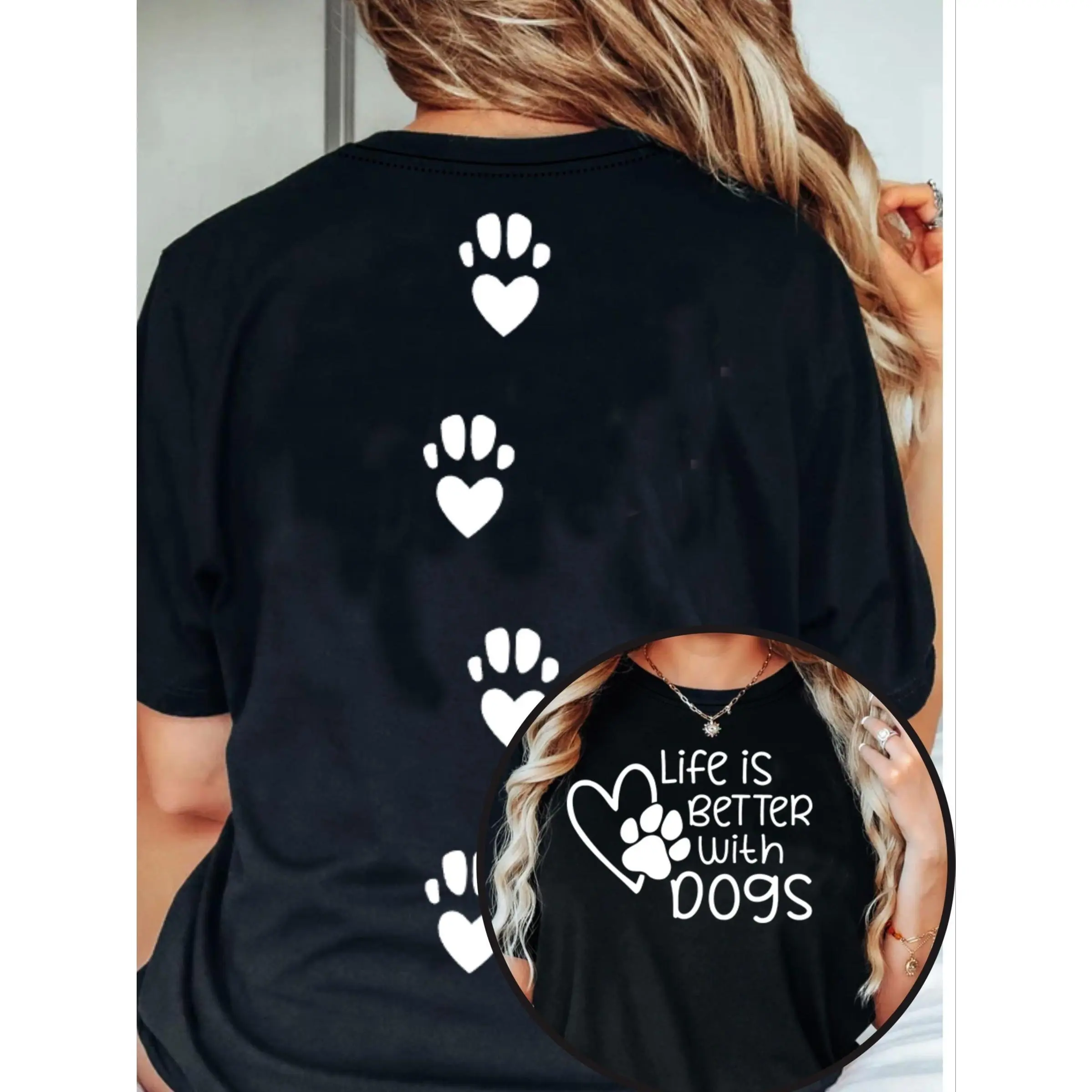 Women's Cotton Shortsleeve Round Neck Paw & Heart Print Fit T-shirt - Casual Unisex Top for Summer, Heart Paw Prints