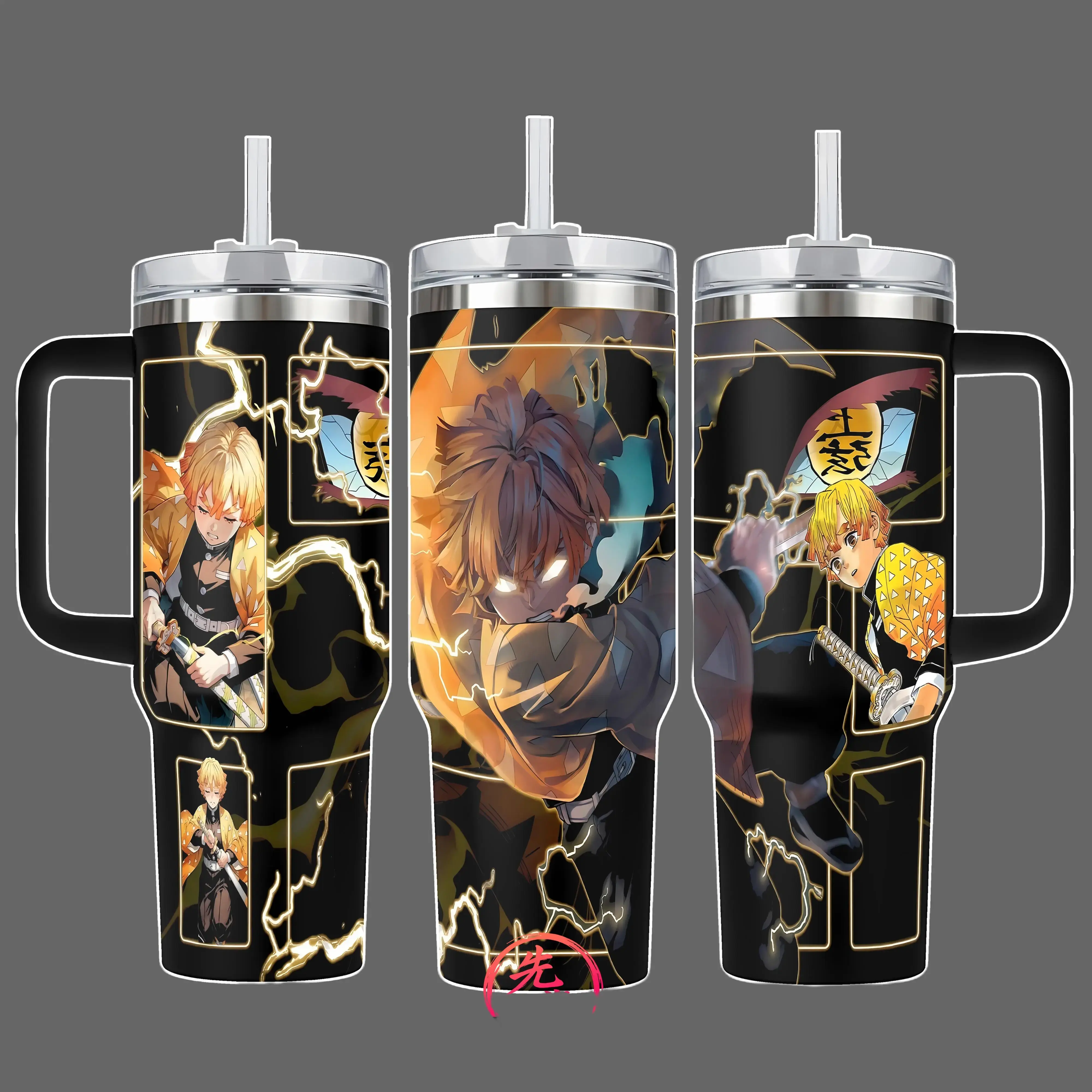 Zenitsu Agatsuma Demon Slayer Thunder Breathing Stainless Steel Insulated Travel Tumbler With Handle 20oz 40oz Anime Lightning Wrap Design Skinny Tumbler