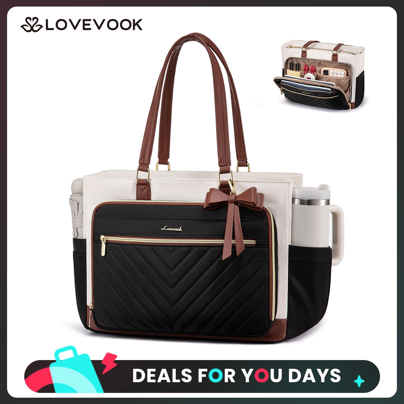 LOVEVOOK Laptop Tote Bag for Women,Teacher Work Tote Bag with Large Cup Holder,Quilted Nurse Diaper Bag with Multi-Pockets for Travel, Computer Women's handbags for Teacher gift,Large capacity & Padded Laptop Compartment,DealsForYouDays