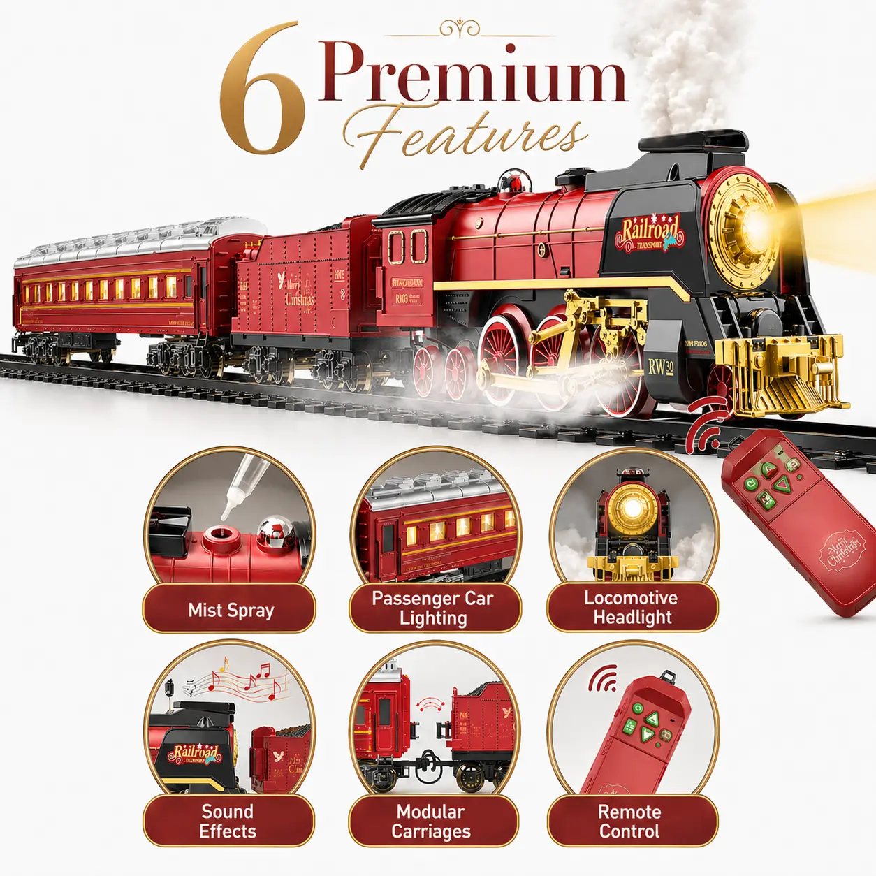 Electric Christmas Train Set - Rechargeable Battery-Powered Remote Controller Trains & Railway Toy with Sound Effects, Smoke Mist, Lights, Decoration for House Decoration, Transportation-Themed Holiday Gift for Kids