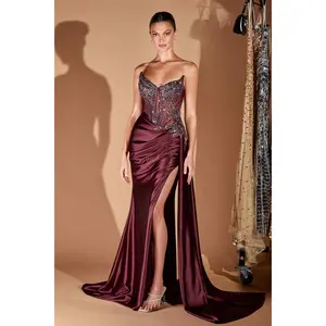 Ladivine CD722 Women's Satin Corset Evening Gown - Sleeveless, Strapless, Fitted, V-Neck Option, Zipper, Soft Fabric, Leg Slit, Lace Accents, Elegant Glamorous Sexy Formal Dresses, Graduation/Prom Wear, Gold & Emerald Green