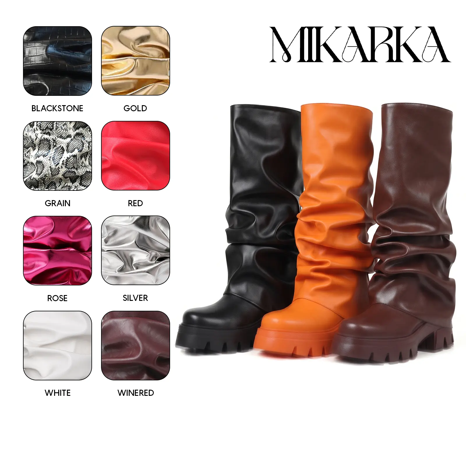 Slouchy Fold Over Boots For Women Round Toe Chunky Platform High Heels Pull On Goth Combat Motorcycle Riding Concert Fashion Fall Comfy Punk Heels Rave Metallic Tall Shoes Trendy Fashion Boots