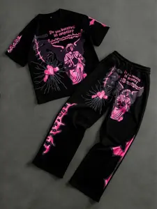 and Print Cotton T-Shirt and Pants Set, Comfortable Home Wear, Casual Daily, Bold Design, Fashionable and Versatile, Everyday