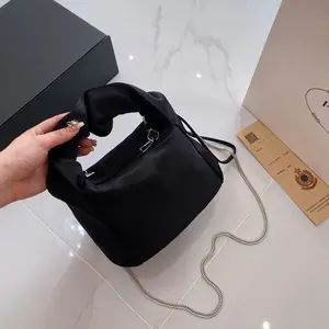 Mini Nylon Cloud Top Handle Bag for Women, Lightweight Crossbody Purse with Chain Strap, 22x14x14cm,  Black Satchel for Daily & Party Use
