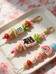 1pcs Cute Coffee Mom Keychain, Fun Silicone Beaded Key Ring, Rose Coffee Cup Charm, Aesthetic Bag Accessory, Car Key Decoration Gift for Mom