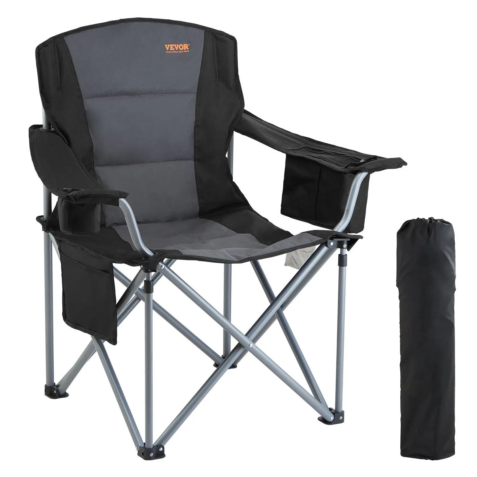 【SummerFinds】VEVOR Adult Collapsible Folding Chair, Heavy-Duty Outdoor Quad Seat with Lumbar Back Pad, Armrests, Side Pockets, Cup Holder, Cooler Bag, Ideal for Camping, Picnic, Oxford Cloth, Abrasive Resistant, Steel Pipes Solid, Adult Size, Outdoors, Hi