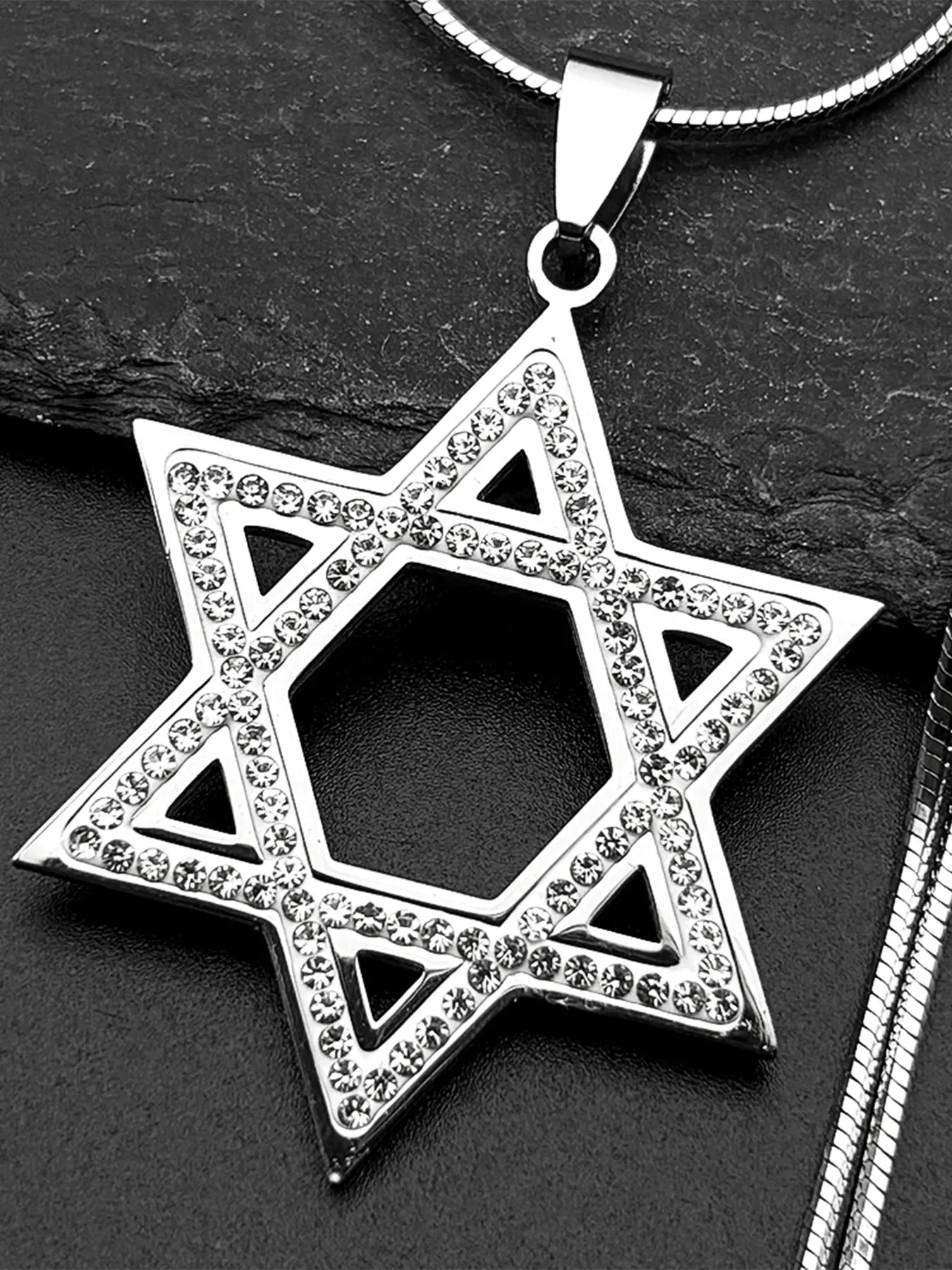 Israel Hexagram Jewish Magen David Stainless Steel Pendant Necklace for Women Men Star of David Rhinestones Chain Religious Necklace