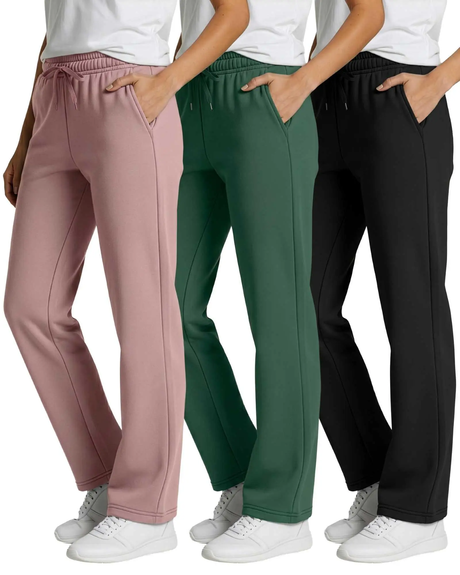 Real Essentials 3 Pack: Women's Relaxed Fit Fleece Open Bottom Sweatpants - Casual Athleisure (Available In Plus)