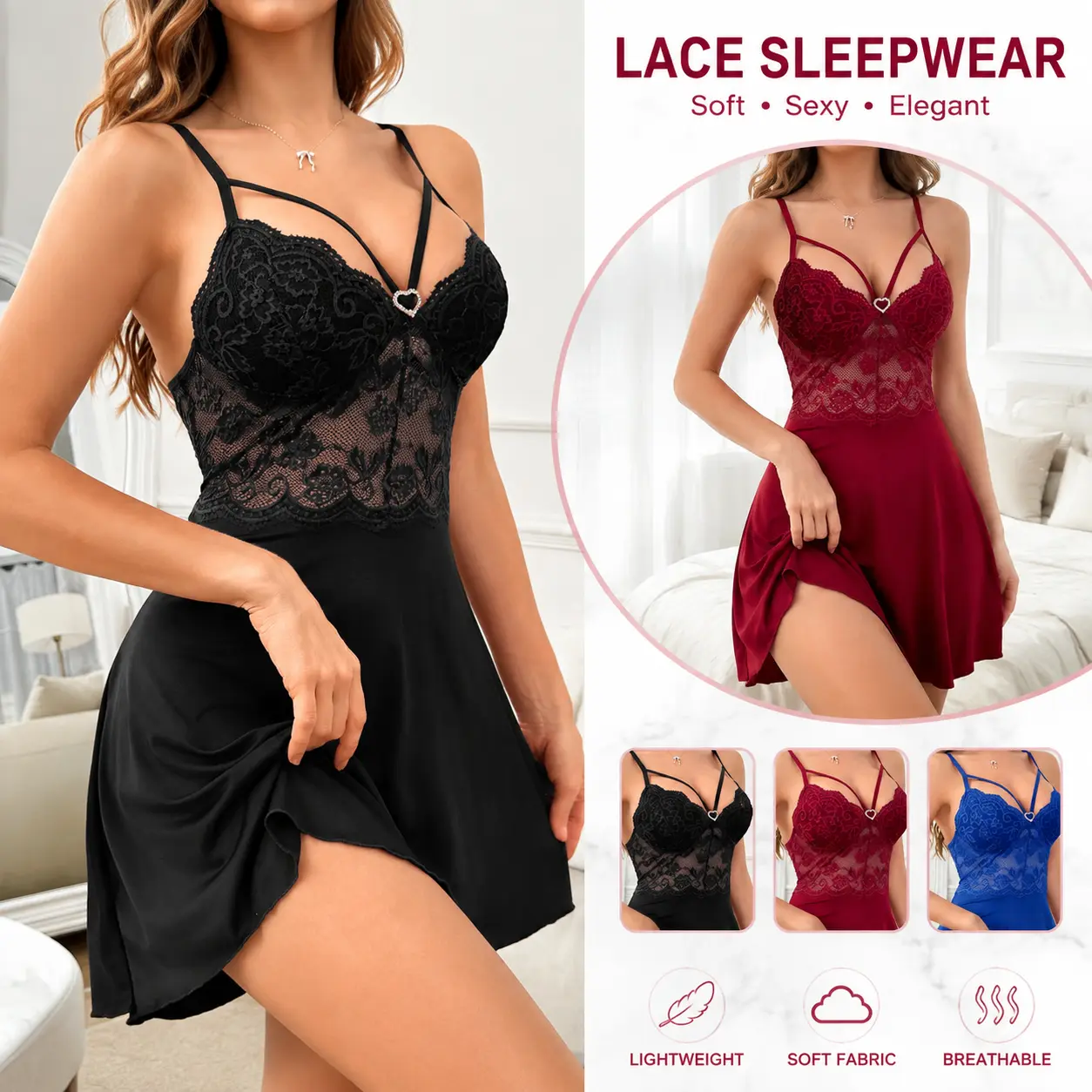 Women's Lace Nightgown V Neck Sleepwear Strappy Chemise Satin Slip Dress Sexy Lingerie Night Dress for Women