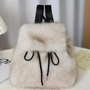 Y2K Aesthetic Fluffy Faux Fur Drawstring Backpack with Soft Plush Texture, Lightweight Construction, and Spacious Interior for Casual Street Style, Cozy Errands, and Everyday Winter Fashion