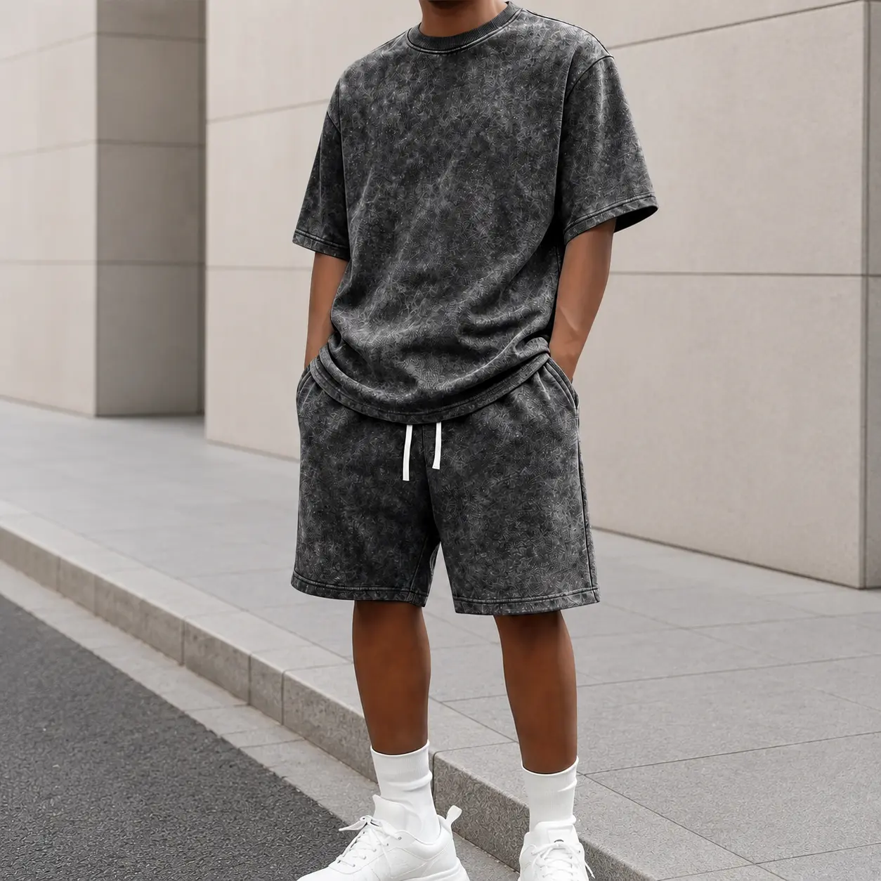 Men's 2-Piece Loose Solid-Color Washed Cotton Summer Menswear Set - Casual Commuting Crew-Neck Shortsleeve T-Shirt + Shorts, Retro 2000s Style, Ideal for Running, Camping, Beach, Great Gift for Men