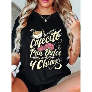 Women's 100% Cotton Casual Round Neck T-Shirt - Funny Latina Design Clothes with Cafecito, Pan Dulce Y Chisme Print, Women's Top