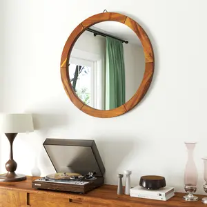 COSTWAY - 27 Inch Round Wall Mirror with Solid Acacia Wood Frame-Brown