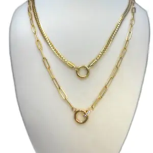 18K Gold PVD Stainless Steel Curb Chain Paperclip Charm Holder Necklace with Removable Charm Clasp Elegant Design