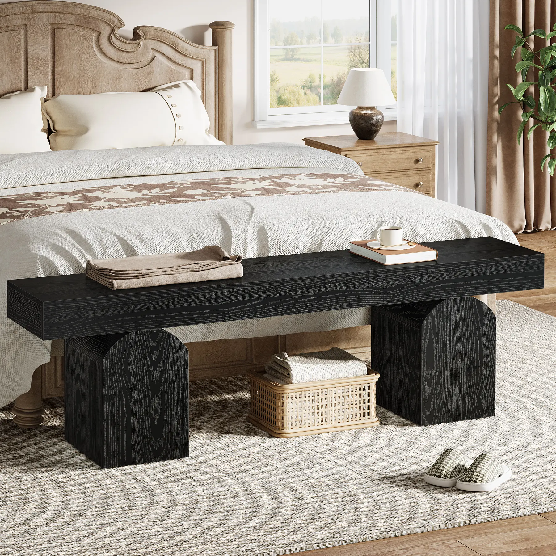 LITTLE TREE Entryway Bench, 59" Long Black Shoe Bench with Arched Bases, Wooden Indoor Bench for Entry Way and Living Room, End of Bed Bench,Modern Window Bench for Bedroom