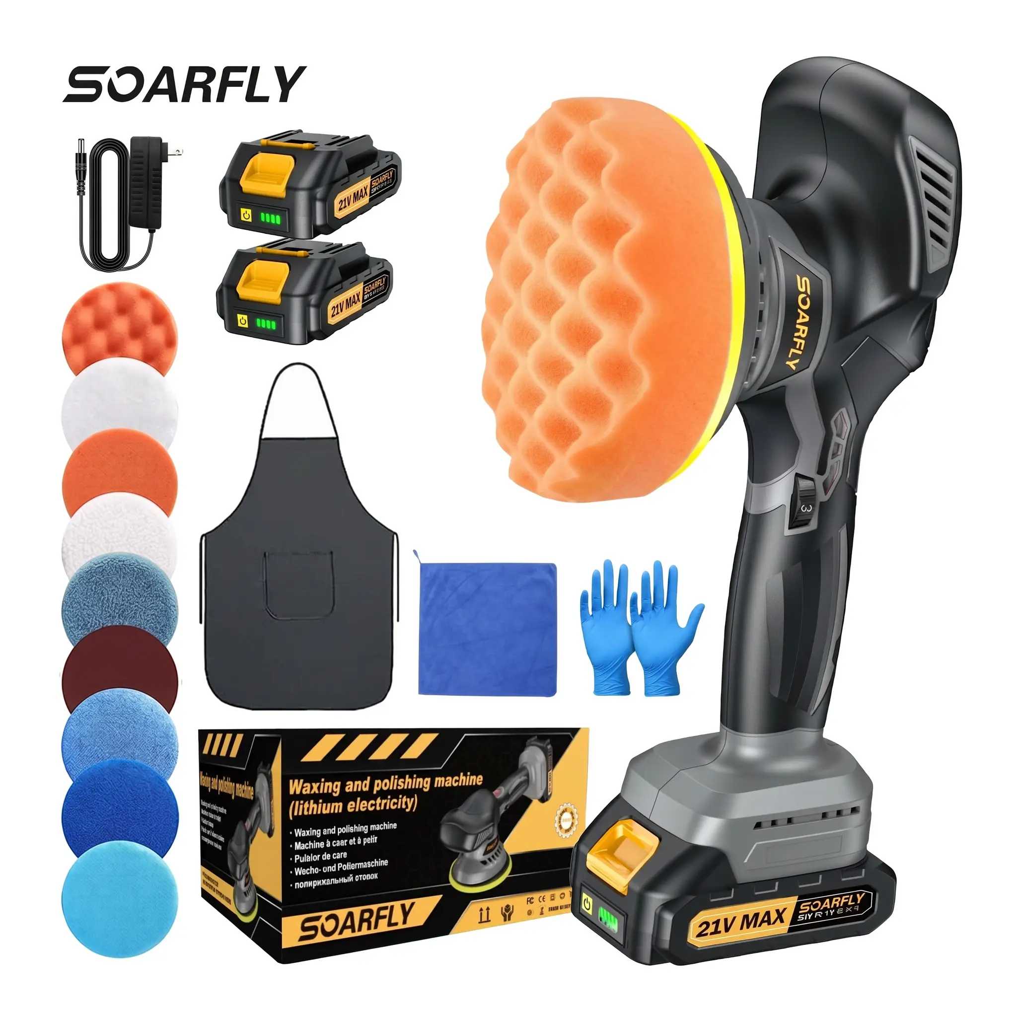 SOARFLY Cordless  Buffer  Kit, 6-Inch Orbital  with 2×21V Batteries, 6-Speed, for  Detailing, Waxing and Scratch Removal