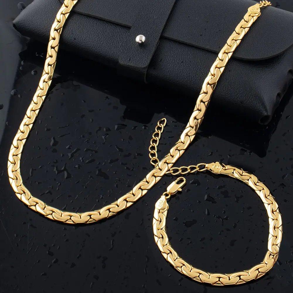 2Pcs 18K Gold-Plated Costume Jewelry Set - Necklace & Bracelet, Waterproof, Colorfast, Trendy Fashion Accessory