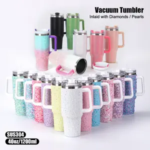 40oz Diamond/pearl Cup with Handle and Straw, Large Capacity Car Water Bottle, Shiny Design, Vacuum Insulated Tumbler, Suitable for Men and Women Daily Use