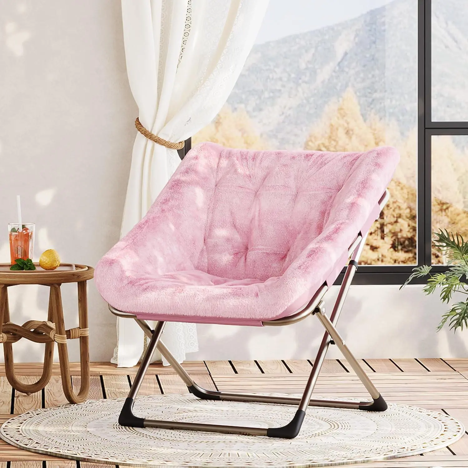 Pink Oversized Foldable Butterfly Chair - Lightweight Steel Frame, Soft Faux Fur Upholstery, 300 Lb Capacity, Easy Setup, Ideal for Living Room, Outdoor Use