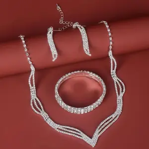Sparking Rhinestone Statement Jewelry Set Necklace, Bracelet,Drop earrings