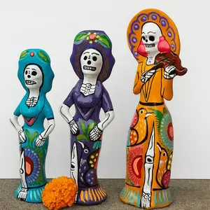 Catrina Set of 3 Handmade Colorful Artisanal Mariachi Figurines Made in Mexico Premium Clay Decor 10-13 Inches Tall Unique Mexican Folk Art