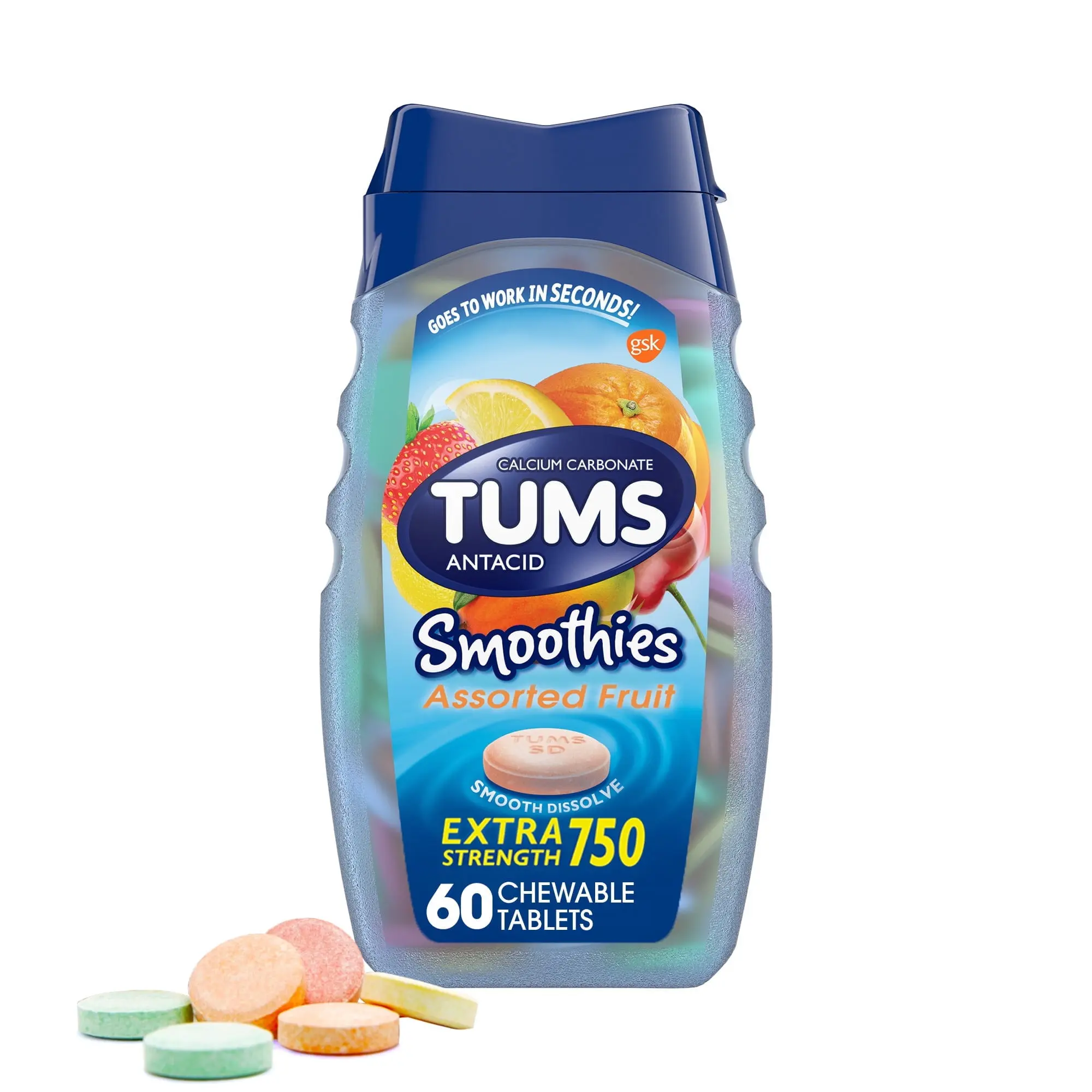 TUMS Smoothies Extra Strength Heartburn Relief Chewable Antacid Tablets 60 Count with 750 mg Calcium Carbonate Fast-Acting Relief - Healthcare Vitamin