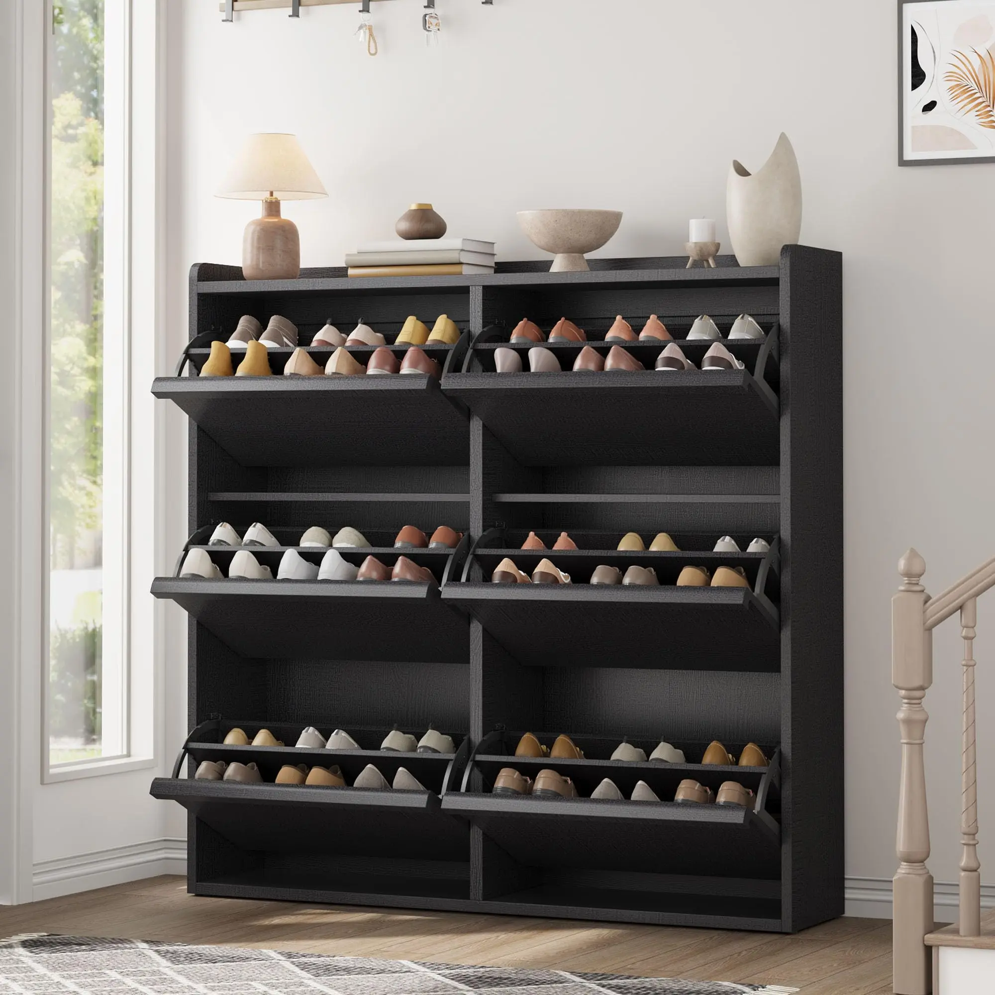 Shoe Cabinet with 6 Flip Drawers, Wooden Shoe Organizer Cabinet with Adjustable Shelf, Shoe Storage for Entryway, Hidden Shoe Cabinet for Hallway, Living Room