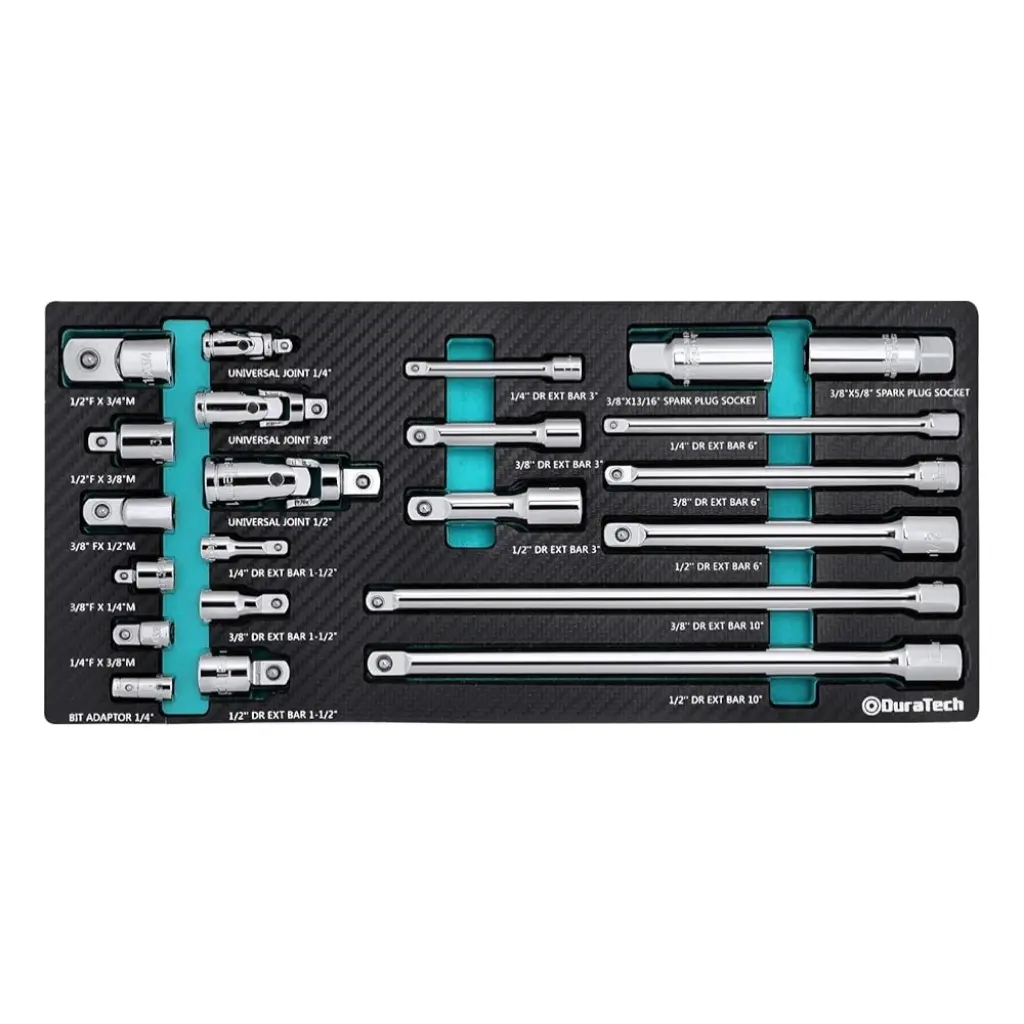 #fathersdaygift DURATECH 22-Piece Drive Tool Accessory Set, Including 1/4 3/8 1/2 Extension Bars, Socket Adapters, Universal Joints, Spark Plug Sockets, Professional Socket Accessories, Cr-V Steel, EVA Foam Package