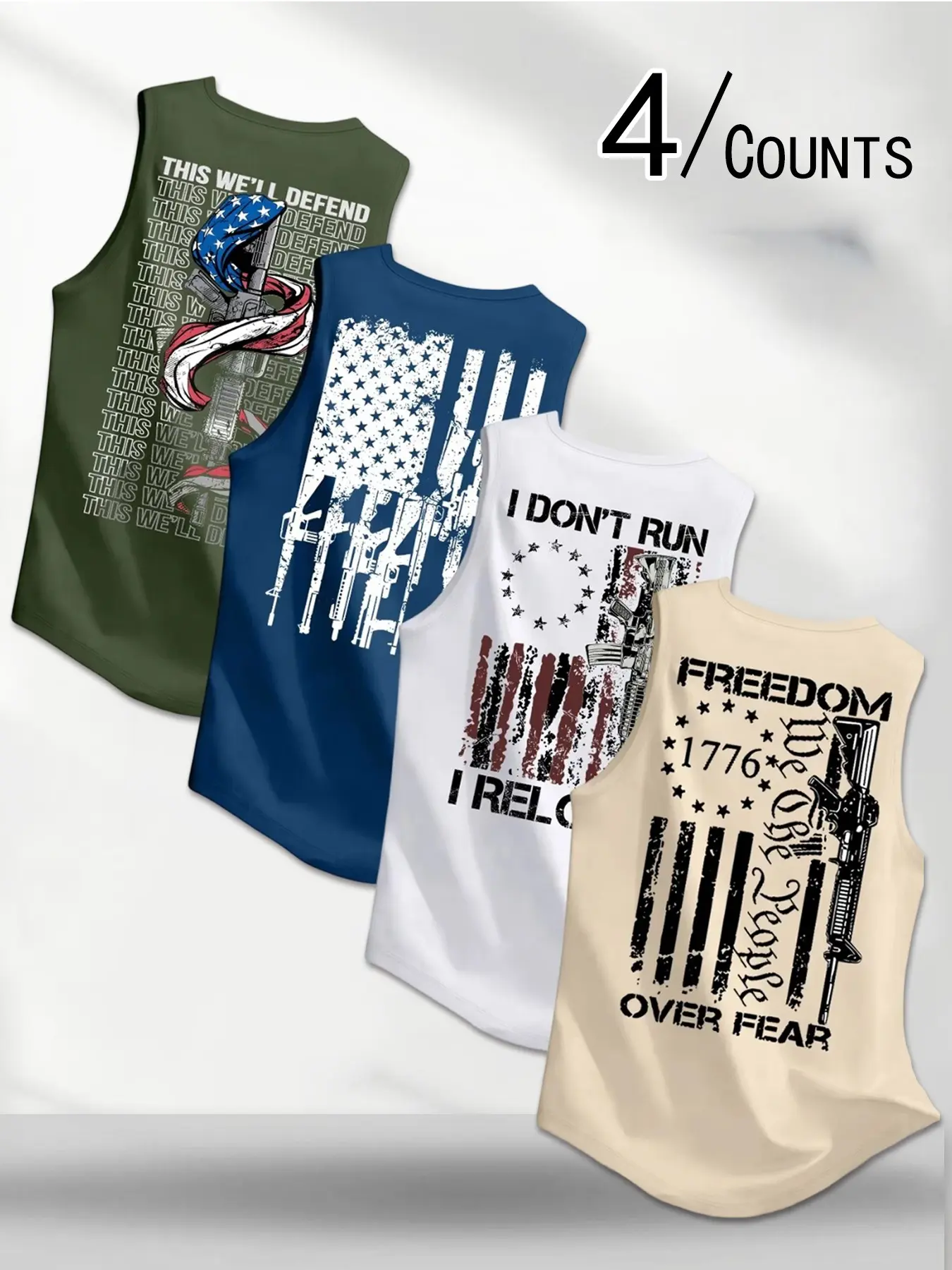 4 Piece Men's Vintage American Patriotic Weapon Print Sleeveless Sports Vests, Sporty Round Neck Loose-Fit Tops, Streetwear Summer Set, Sporty Tank Top