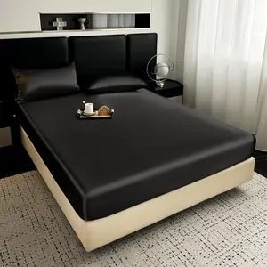 Solid Color Satin Fitted Sheet Set (1 Fitted Sheet + 2 Pillowcases) without Filler, 3pcs Luxurious & Silky, Fits Up To 14" Mattress, Room Accessories, Soft Comfortable Breathable Bedding Set for Home Hotel, Breathable Durable Sheets, Bedroom Accessories