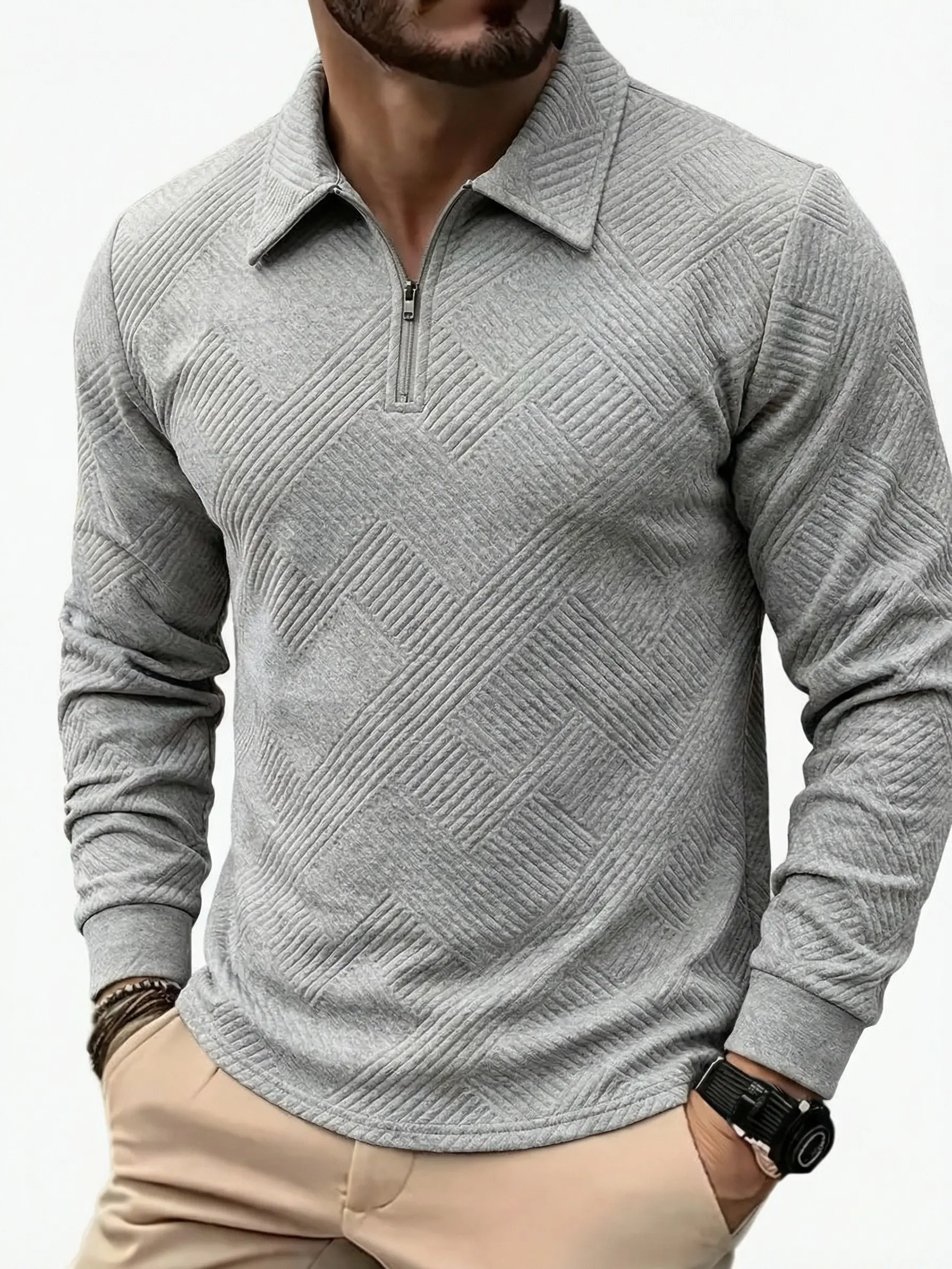 Men's Quarter-Zip Polo Shirt - Fitted Striped Long-Sleeve Athletic Top for Casual Everyday Layering
