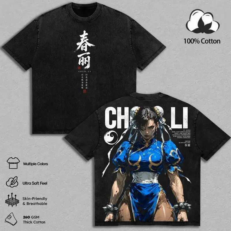 Street Fighter Chun-Li Anime T-Shirt | Vintage Acid Wash 260 GSM 100% Thick Cotton Oversized Graphic Tee for Men & Women | Breathable Crewneck Gym Pump Cover & Retro Arcade Streetwear Apparel | Premium Fighter Merch Gifts S-3XL