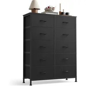 10 Drawer Fabric Dresser Storage Tower with Bins, Tall Chest Organizer for Bedroom Closet Hallway, Steel Frame Wood Top Easy Pull Handles,Black