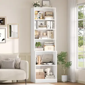 FOTOSOK 73" Tall 6-Tier Bookcase, 22" Wide Modern Bookshelf with Adjustable Shelf, Space-Saving Narrow Book Shelf for Home Office, Living Room, White