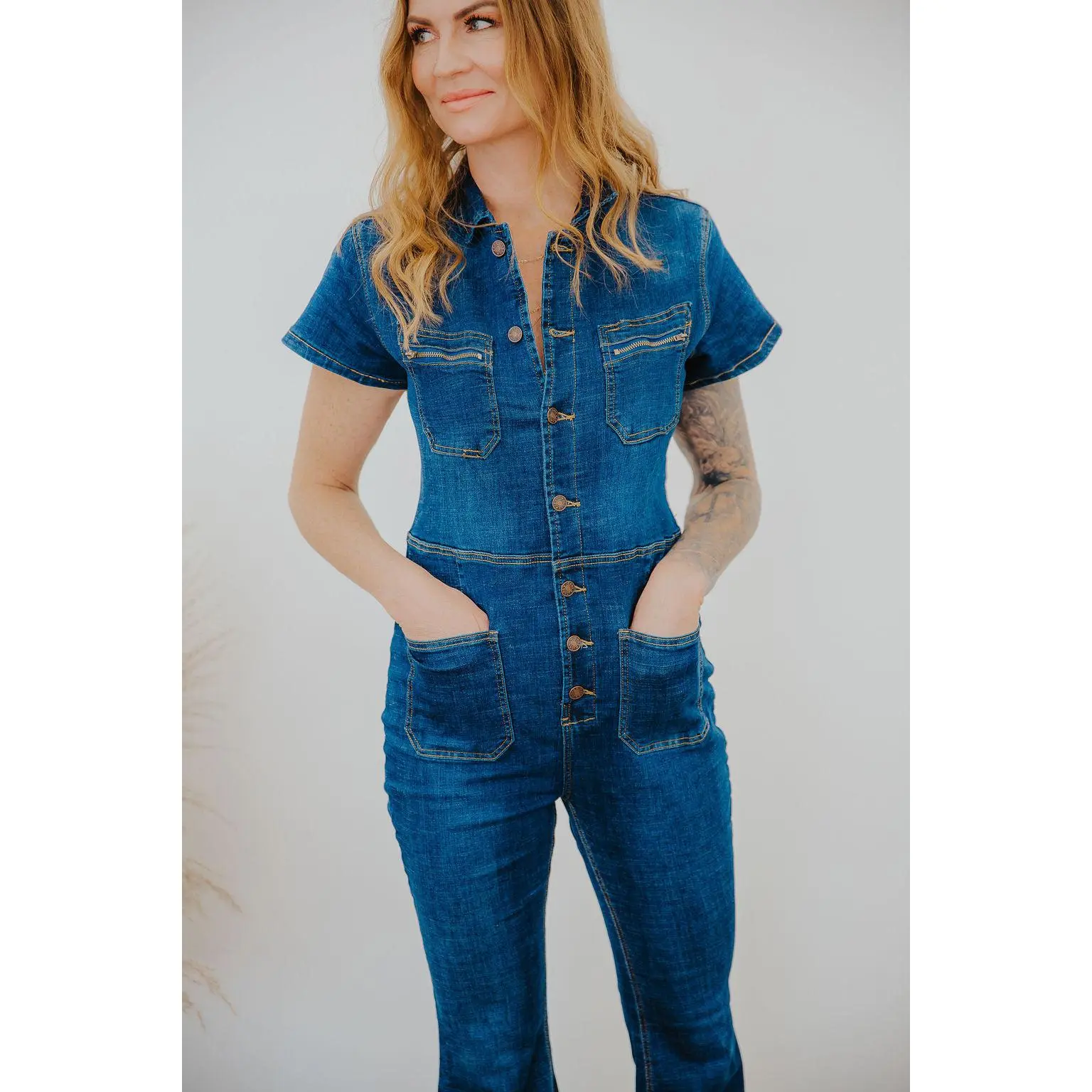 HARPER FLARED DENIM JUMPSUIT - DARK WASH
