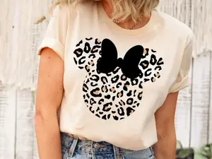 Leopard Print Minnie Inspired Graphic T-Shirt, Cute Cartoon Ear Mom Shirt, Trendy Animal Print Women’s Tee, Family Vacation Matching Unisex Gift