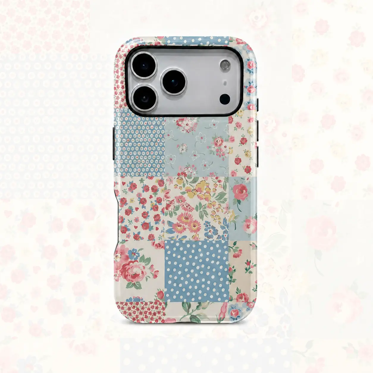 Vintage Patchwork Floral Dot Pattern Phone Case | Mixed floral panels and dotted blocks in Green Burgundy Cream and Pink for iPhone 17 16 15 14 13 12 11 Pro Max Plus Air, Glossy 2-in-1 Shockproof Case, for a Nostalgic Everyday Look
