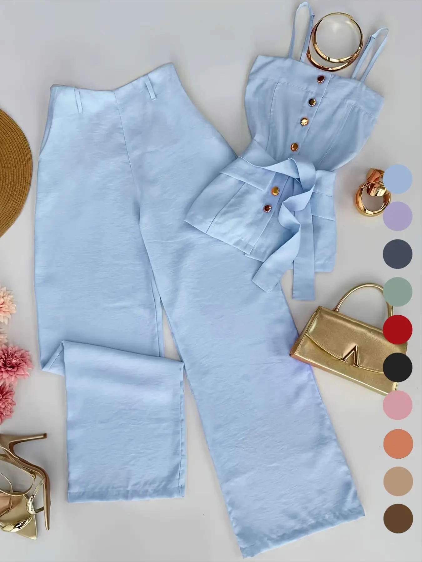 New Women's Solid Color Strappy Top & Long Pants Two-Piece Set, Summer Sets, Womenswear, Fitted Outfit, Minimalist Basic Versatile Casual Wear, Comfortable and Stylish, Comfy Summer Sets, Perfect for Daily Use