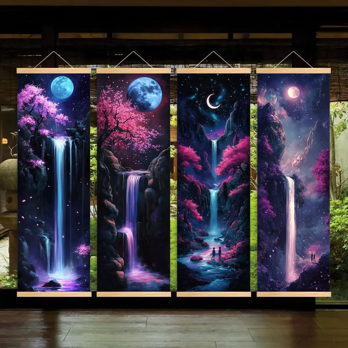 Waterfall Pattern Wooden Hanging Banner, 4 Counts/set Modern Art Decoration, Moon Sign Home Decor, Perfect Living Room Decor, Office Poster, Room, Home Poster, Hallway Mural, Ornaments, Aesthetic Wall Decor, Art Work For Wall Decor