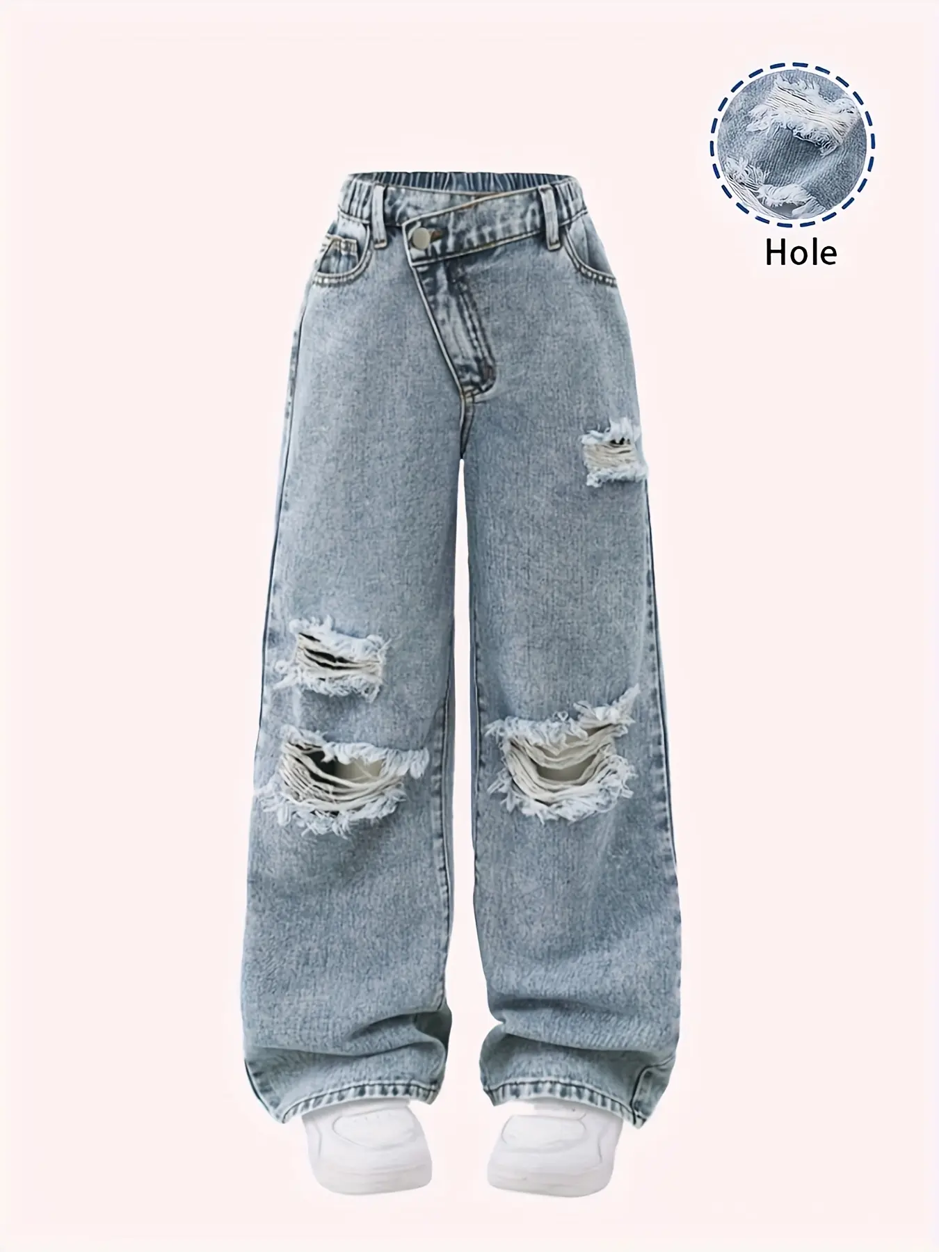 Teen Girls' Y2K Street Style Casual Light Wash Denim Jeans, Soft Comfortable Distressed Destroyed Jeans Ripped Loose Fit, Perfect for All Seasons Wear Denim Fabric Jeans, Light Wash Pants