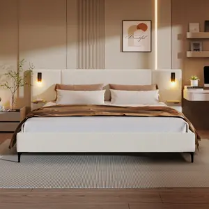 Bellemave Boucle Fabric Bed Frame - Chic Textured Upholstered Bed with Integrated Lights, Shelves, White Finish, Queen/King Size (86.93x110.16x41.73in Option) for Artistic Room Decor, Bed Frames