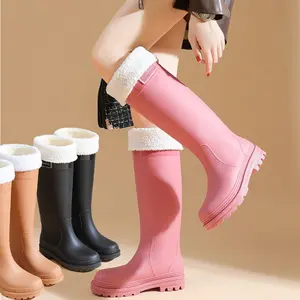 Simple tall rain shoes women's fashion water boots tall waterproof and non-slip outer wear velvet solid color rain shoes removable cotton cover